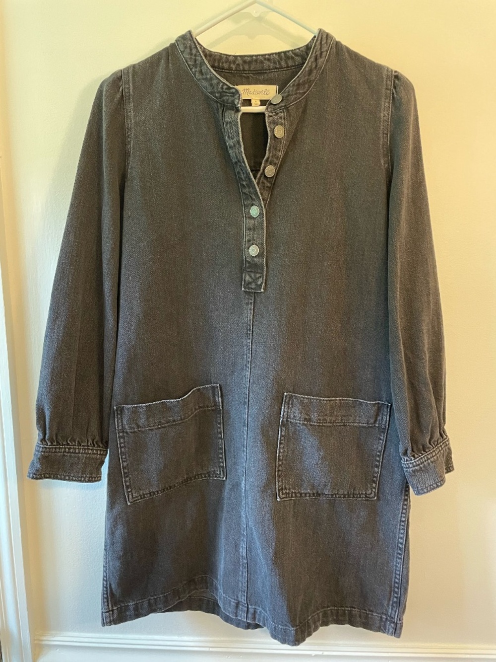 Madewell denim patch-pocket popover long-sleeve shirtdress washed black size S